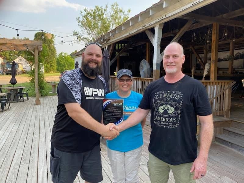 Presenting Joel and Bethany Cassell, owners of The Estate at White Hall Vineyard with a VFW appreciation plaque for hosting our Institution Social on May 1st!