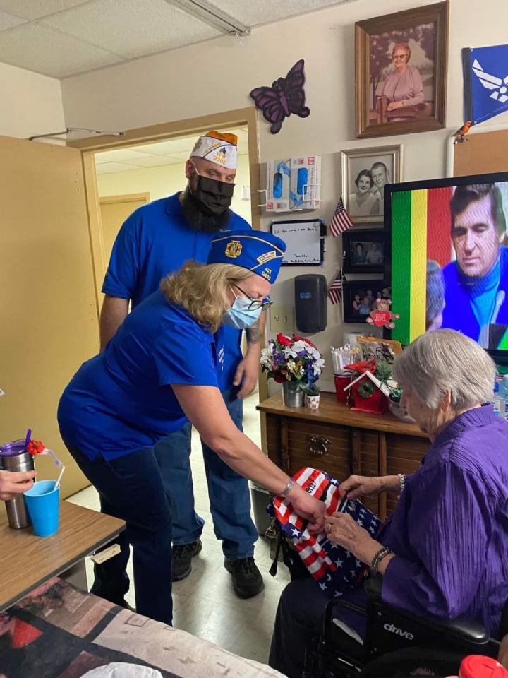 Helping SGT Nicholas C. Mason Memorial VFW Post 12202 Auxiliary hand out personalized patriotic bags filled with goodies to the Veterans currently in long term care at Heritage Hall. We hand delivered each bag and took some time to chat with each Veteran.